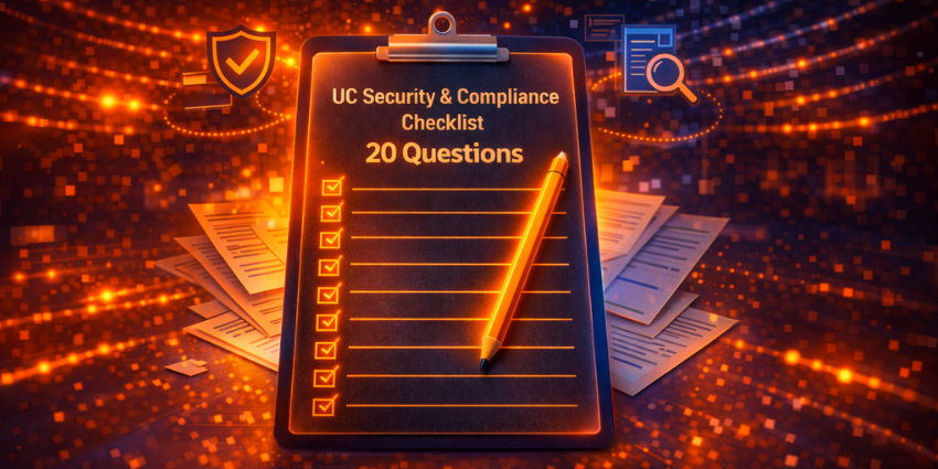 Glowing UC security checklist clipboard showing 20 vendor questions for a UC compliance buying guide and compliance platform RFP to reduce unified communications risk.