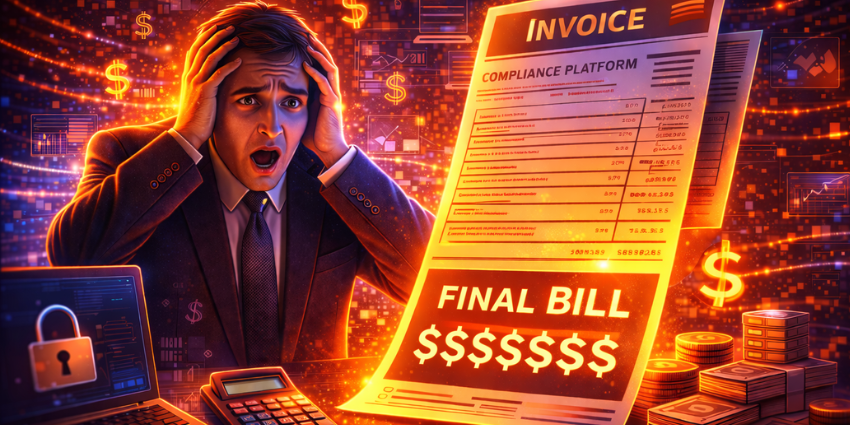 Shocked compliance manager in a cyber-themed office staring at a “FINAL BILL $105,678” invoice, highlighting unexpected UC compliance costs.