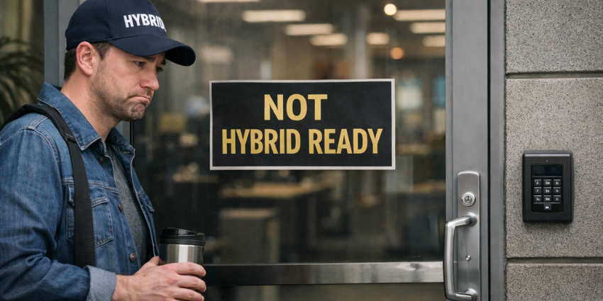 Enterprise hybrid meeting room with display, video bar, and remote participants