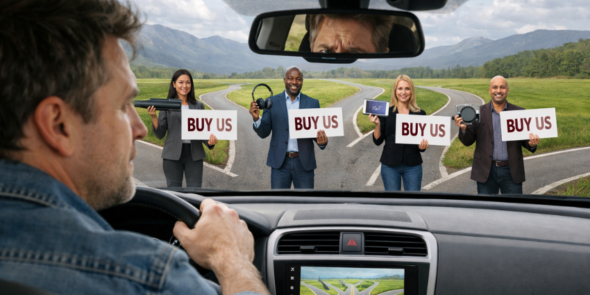 Enterprise hybrid meeting room with AI video bar and analytics dashboard.