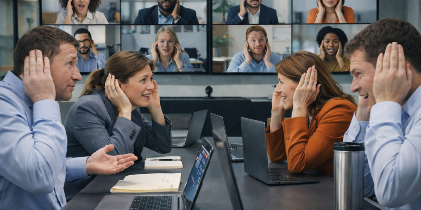 Hybrid meeting room with ceiling microphones and remote attendees on screen