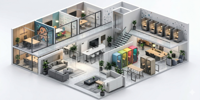 Diagram illustrating the five sub-categories of workplace management and how workplace analytics supports office optimization and operational planning. Image 3 (Data + Planning / Analytics Visual)