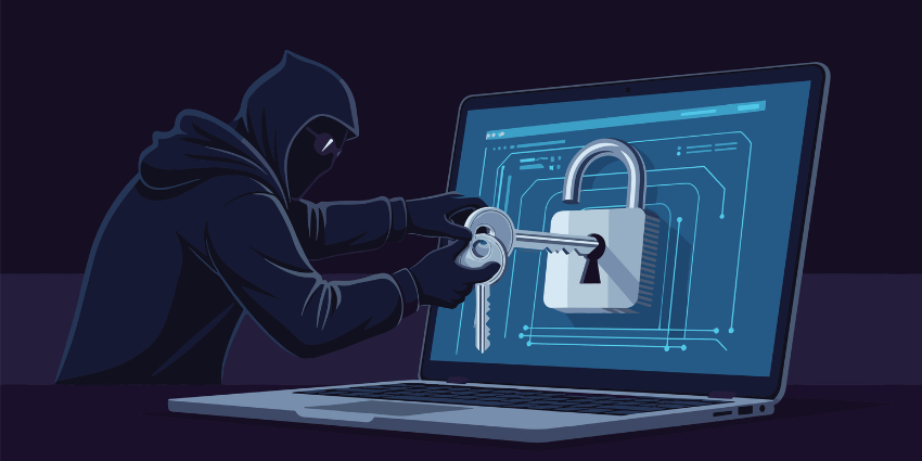 A stolen laptop in a public cafe highlighting the risks of device theft and data breaches in hybrid work security.