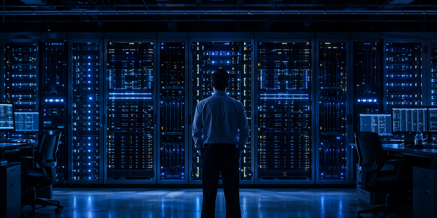Enterprise server room with glowing endpoint devices representing IT infrastructure risk and endpoint security