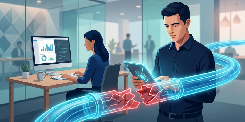 IT professional repairing a digital network pipeline in the foreground while an employee works uninterrupted in the background, demonstrating a proactive IT observability strategy and complete system visibility enterprise standards.