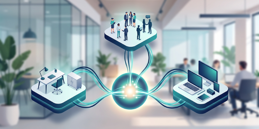 3D illustration showing the integration of workplace intelligence systems to build a unified office data strategy.