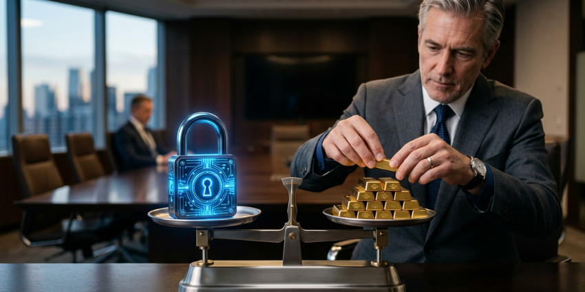 A CFO balances gold bars and a digital padlock on a scale, illustrating how financial risk cybersecurity impacts an enterprise risk assessment and determines cybersecurity ROI. Copy message Fork chat Delete message Regenerate response Edit as Page Good response