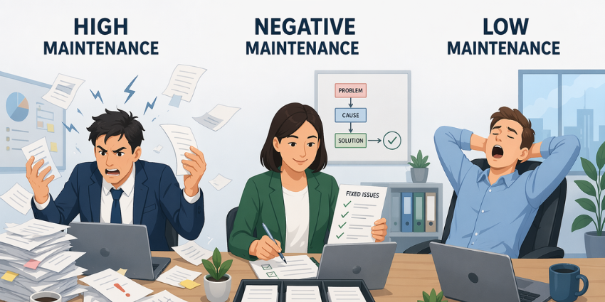 Corporate illustration comparing high maintenance, low maintenance, and negative maintenance employees at a shared office desk.