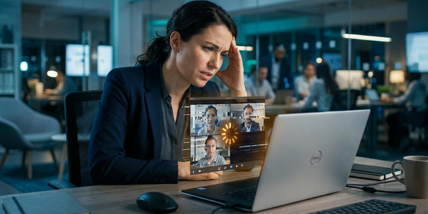 IT director analyzing unified communications performance metrics on a digital dashboard.