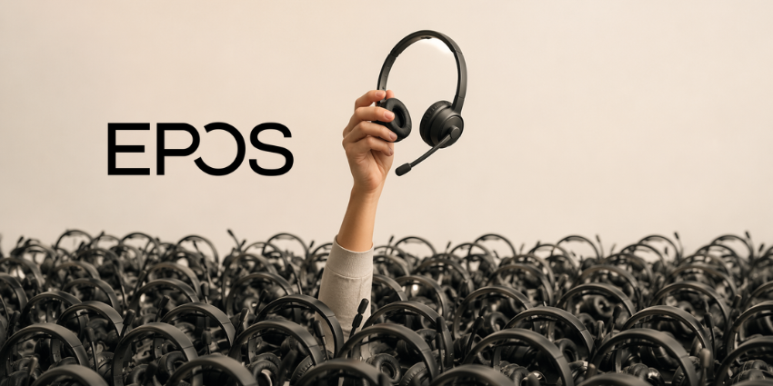 Office worker finding one headset in a large fleet of workplace headsets