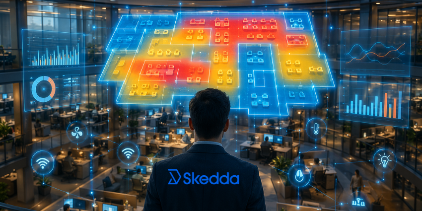 A Facilities Management Analyst looking at a glowing digital floor plan with a thermal heat map over a modern corporate workspace